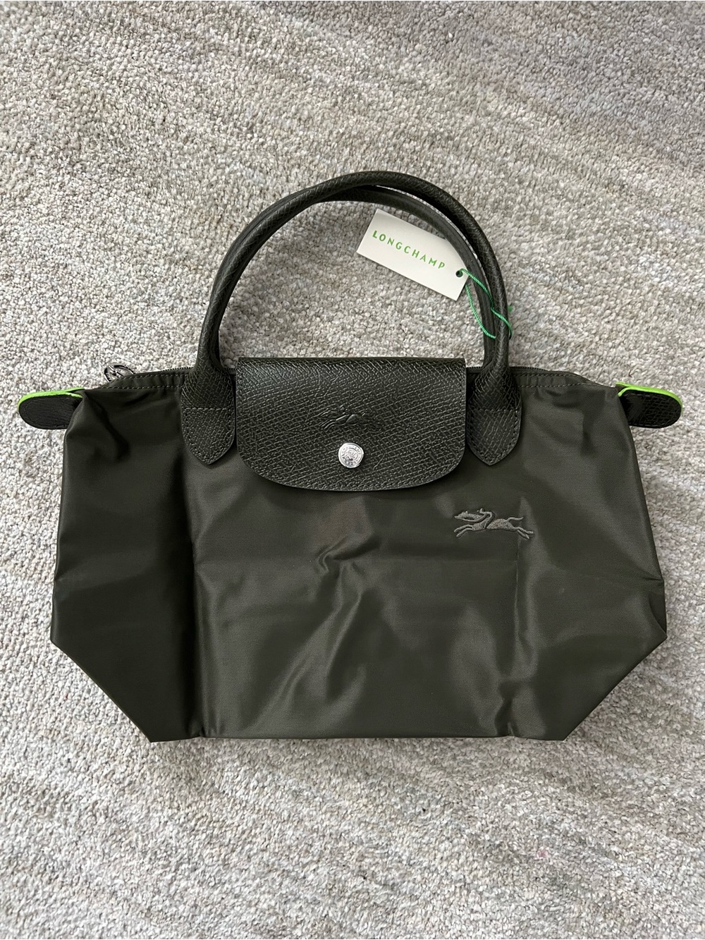 Longchamp Small Top-Handle Tote in Dark Olive with Lime Trim - Picture 1 of 4